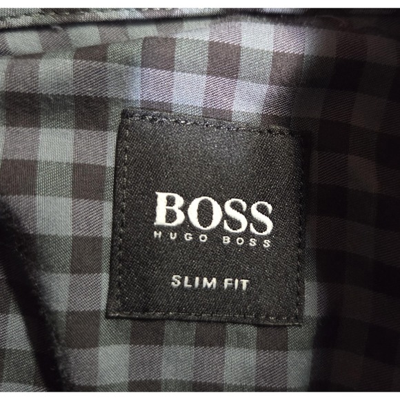 BOSS Hugo Boss Shirt Mens‎ Large Gray Black Gingham Check Slim Fit Button Up - Picture 7 of 11